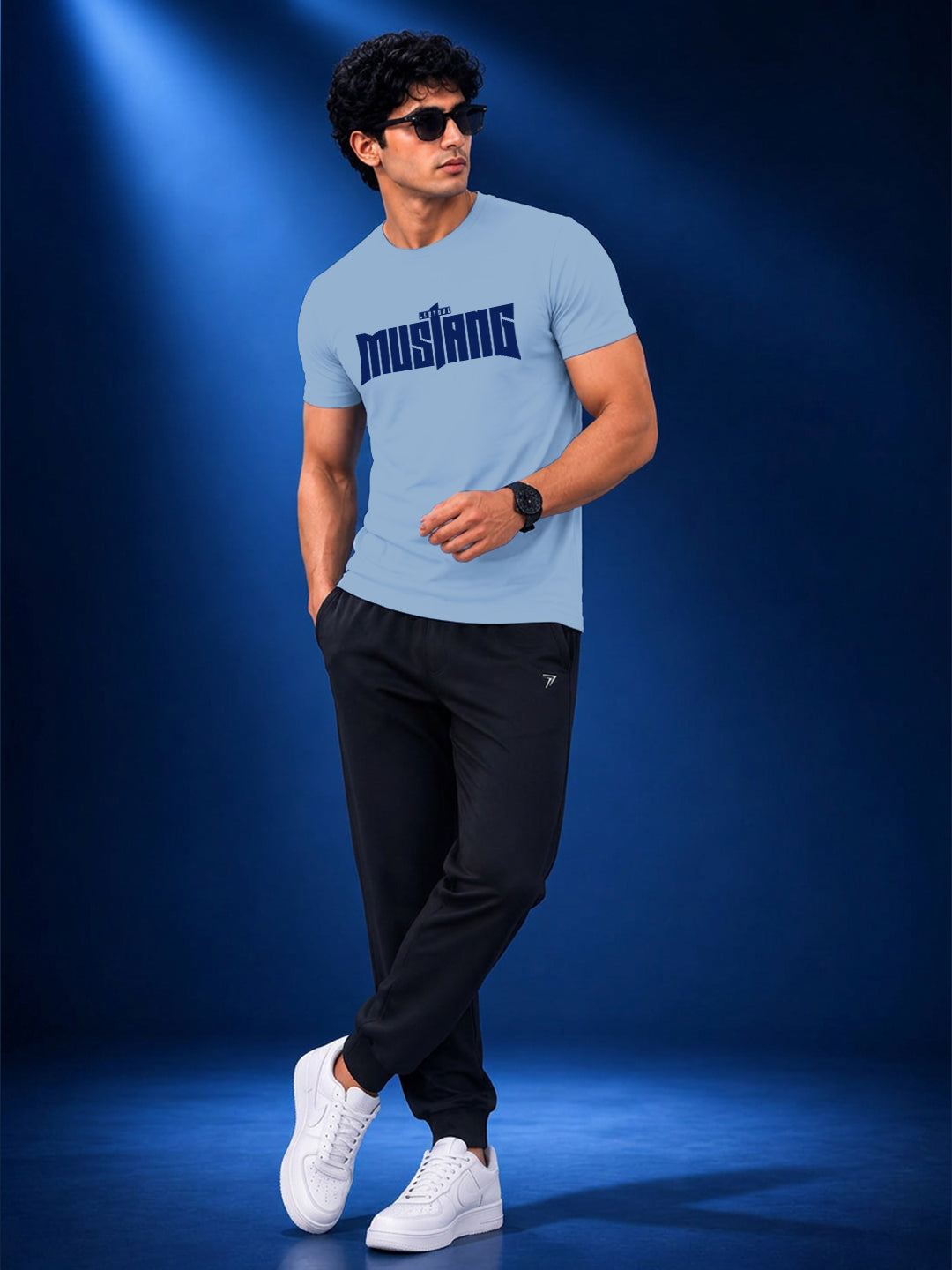 Leotude Light Blue Mustang Printed Regular Fit Tshirt for Men