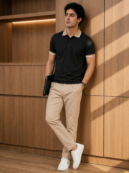 Leotude Men's Contrast Tipped Polo T-Shirt — Black & Beige Regular Fit Tee