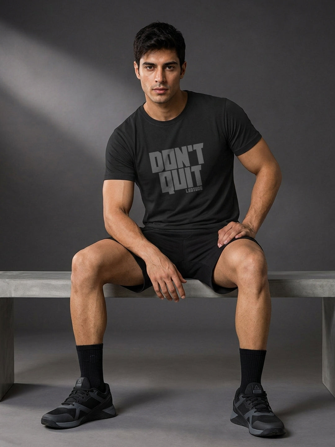 Leotude Black Dont Quit Printed Regular Fit Tshirt for Men