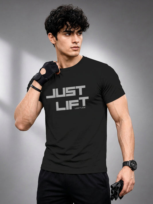 Leotude Black Just Lift Printed Regular Fit Tshirt for Men
