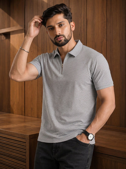 Leotude Men's Grey Honeycomb Textured Half Zip Polo T-Shirt