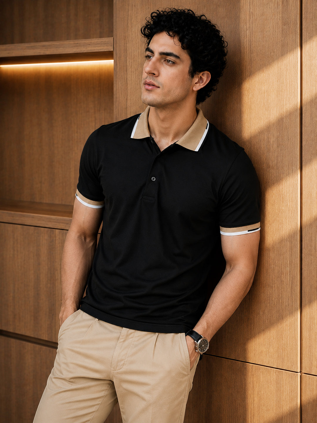 Leotude Men's Contrast Tipped Polo T-Shirt — Black & Beige Regular Fit Tee