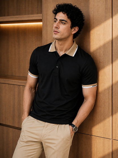 Leotude Men's Contrast Tipped Polo T-Shirt — Black & Beige Regular Fit Tee