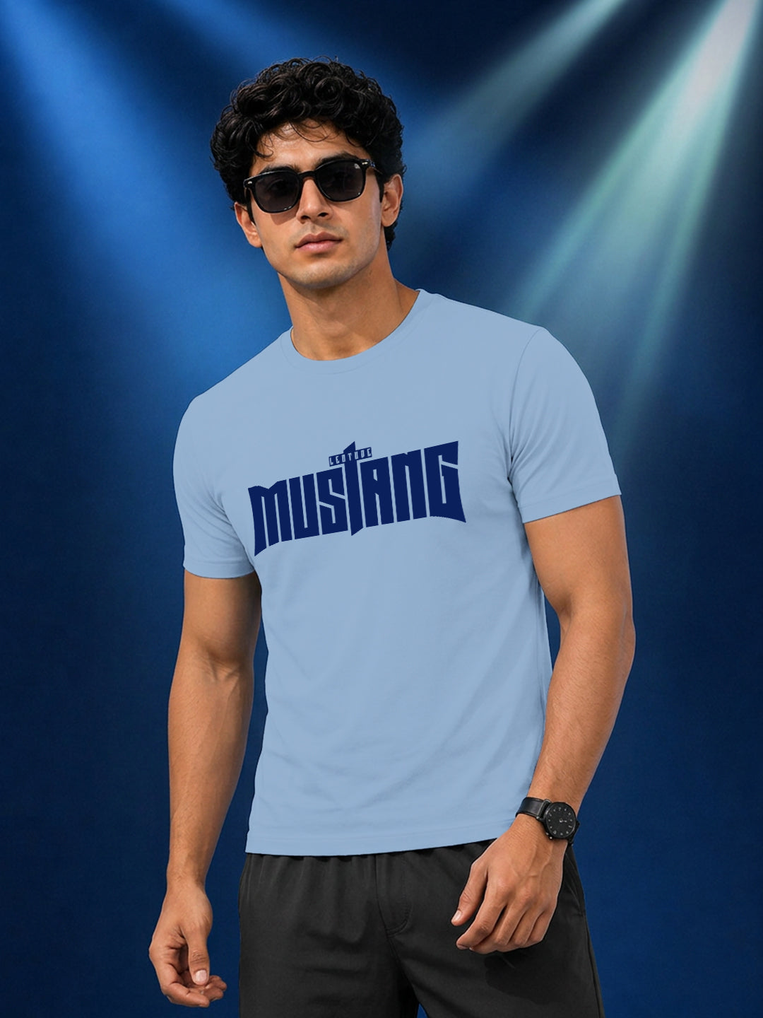 Leotude Light Blue Mustang Printed Regular Fit Tshirt for Men
