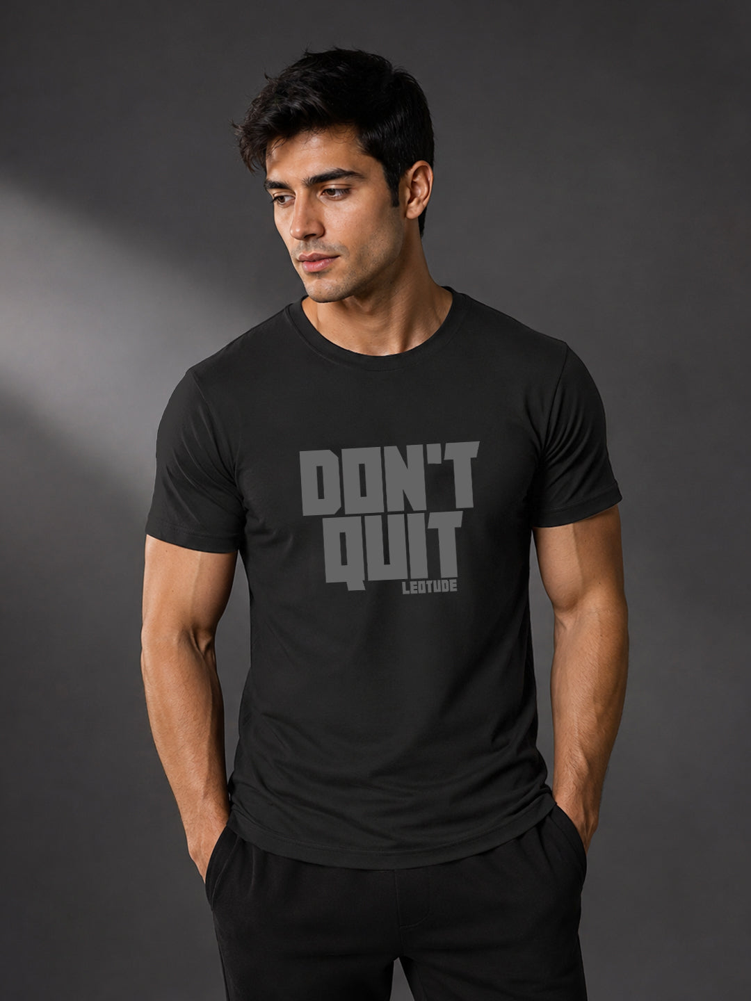 Leotude Black Dont Quit Printed Regular Fit Tshirt for Men