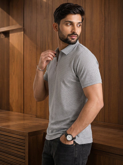 Leotude Men's Grey Honeycomb Textured Half Zip Polo T-Shirt