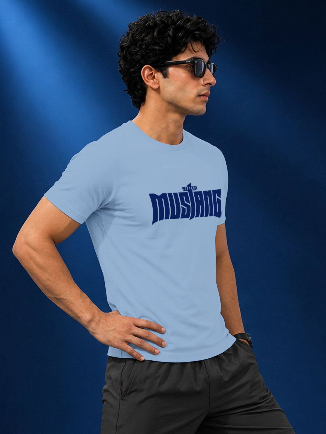Leotude Light Blue Mustang Printed Regular Fit Tshirt for Men