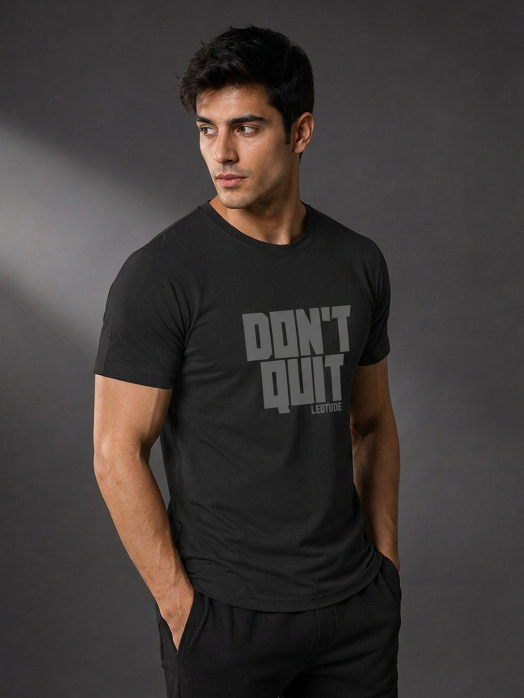 Leotude Black Dont Quit Printed Regular Fit Tshirt for Men