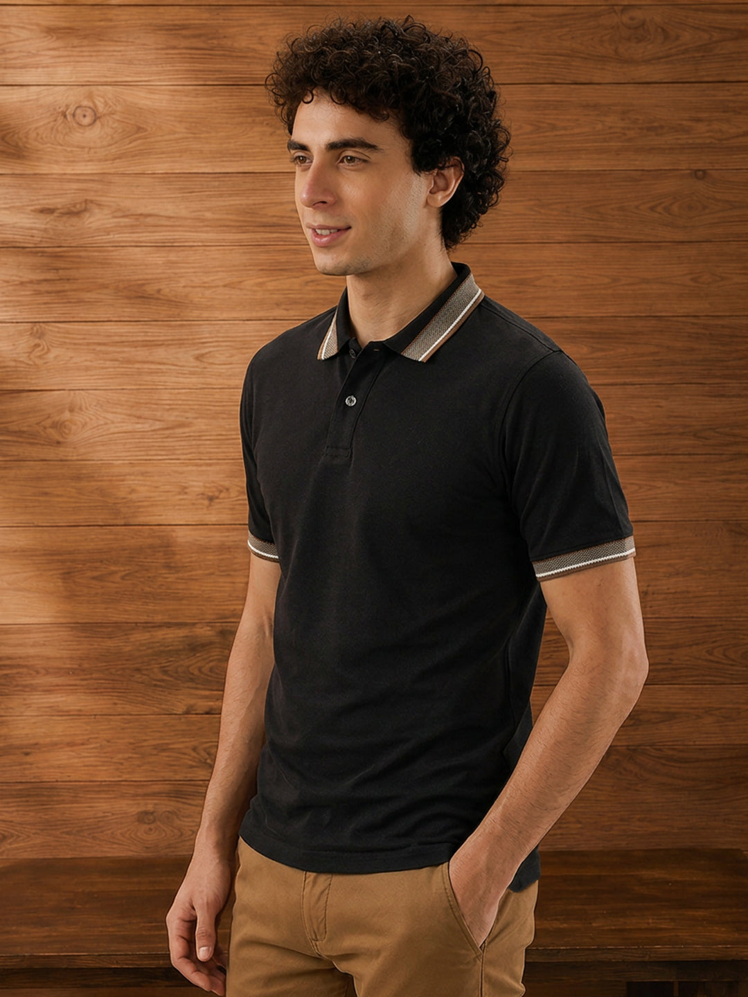 Leotude Men's Black Tipped Collar Polo T-Shirt