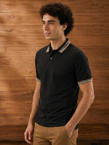 Leotude Men's Black Tipped Collar Polo T-Shirt