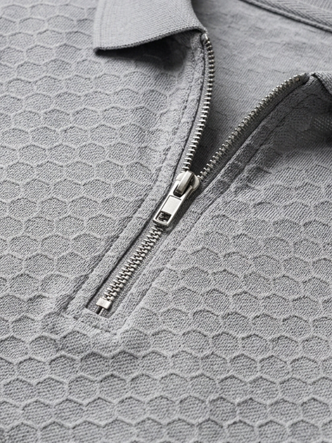 Leotude Men's Grey Honeycomb Textured Half Zip Polo T-Shirt