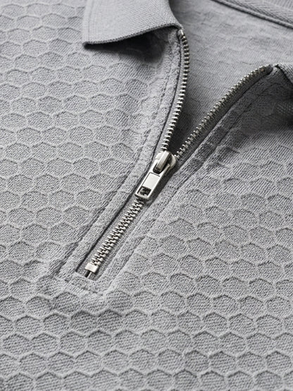 Leotude Men's Grey Honeycomb Textured Half Zip Polo T-Shirt